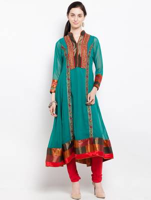 Green embroidered georgette a line kurta churidar set 1