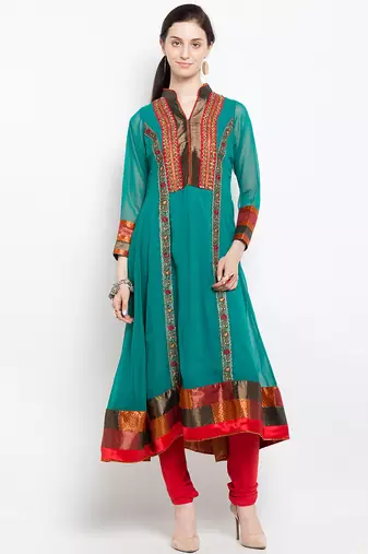Green embroidered georgette a line kurta churidar set
