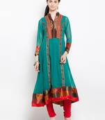 Green embroidered georgette a line kurta churidar set