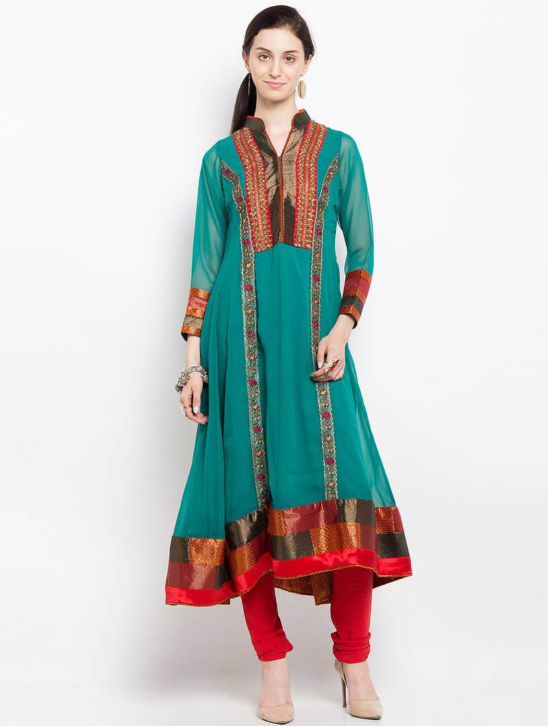 Green embroidered georgette a line kurta churidar set
