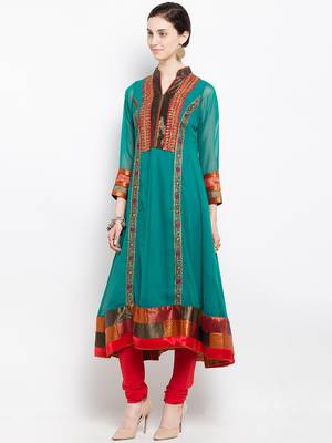 Green embroidered georgette a line kurta churidar set 2