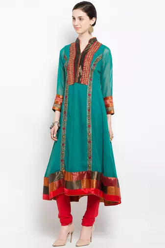 Green embroidered georgette a line kurta churidar set