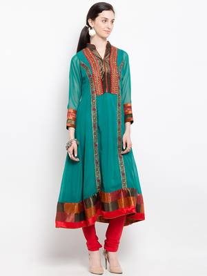 Green embroidered georgette a line kurta churidar set 3
