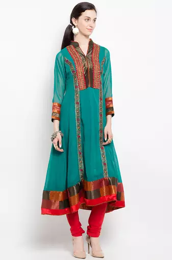 Green embroidered georgette a line kurta churidar set