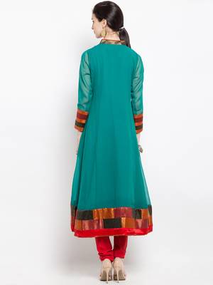 Green embroidered georgette a line kurta churidar set 4
