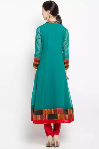 Green embroidered georgette a line kurta churidar set