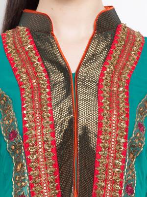 Green embroidered georgette a line kurta churidar set 5