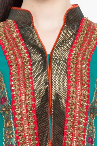 Green embroidered georgette a line kurta churidar set