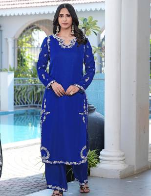 Royal-blue embroidered modal satin straight cut kurta 1