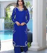 Royal-blue embroidered modal satin straight cut kurta
