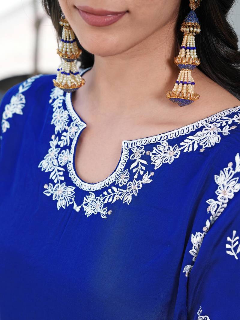 Royal-blue embroidered modal satin straight cut kurta