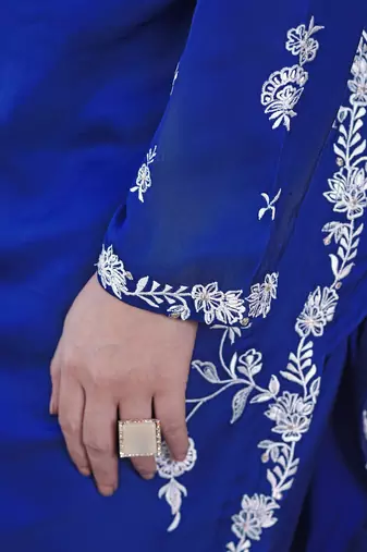 Royal-blue embroidered modal satin straight cut kurta