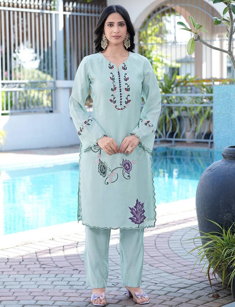 Sea-green embroidered art silk straight cut kurta