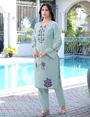 Sea-green embroidered art silk straight cut kurta 3