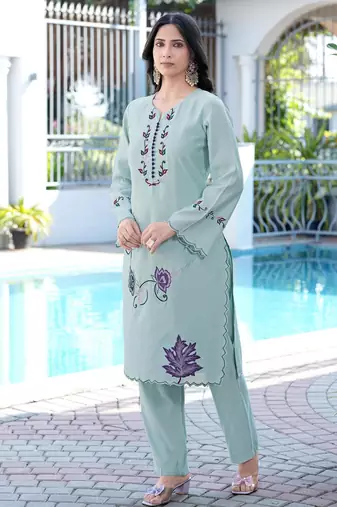 Sea-green embroidered art silk straight cut kurta