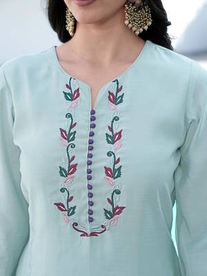 Sea-green embroidered art silk straight cut kurta 4
