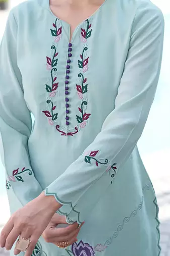 Sea-green embroidered art silk straight cut kurta