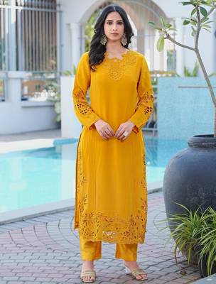 Yellow embroidered art silk straight cut kurta 1