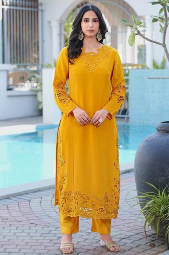 Yellow embroidered art silk straight cut kurta
