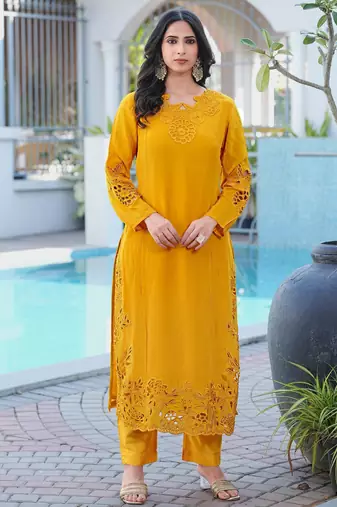 Yellow embroidered art silk straight cut kurta