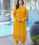 Yellow embroidered art silk straight cut kurta