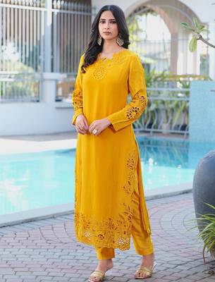 Yellow embroidered art silk straight cut kurta 3