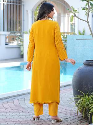 Yellow embroidered art silk straight cut kurta 4