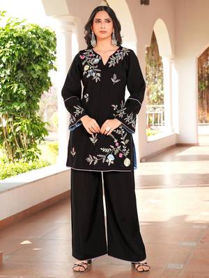 Black embroidered art silk straight cut kurta 1