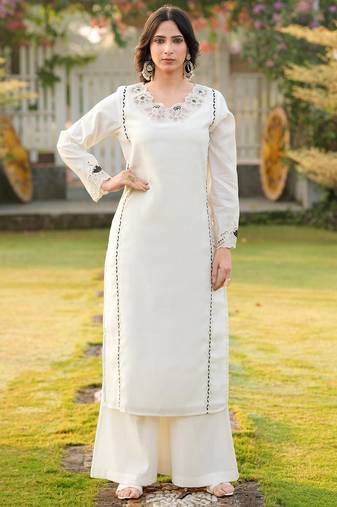 Cream embroidered art silk straight cut kurta