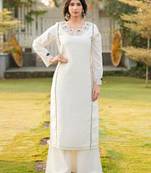 Cream embroidered art silk straight cut kurta