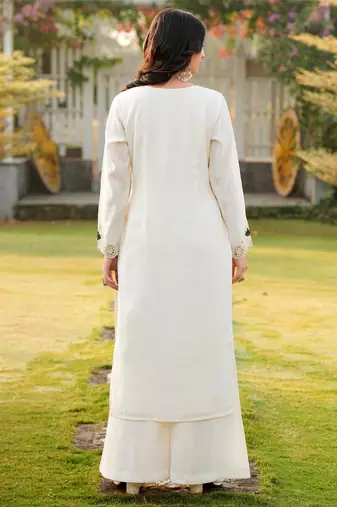 Cream embroidered art silk straight cut kurta
