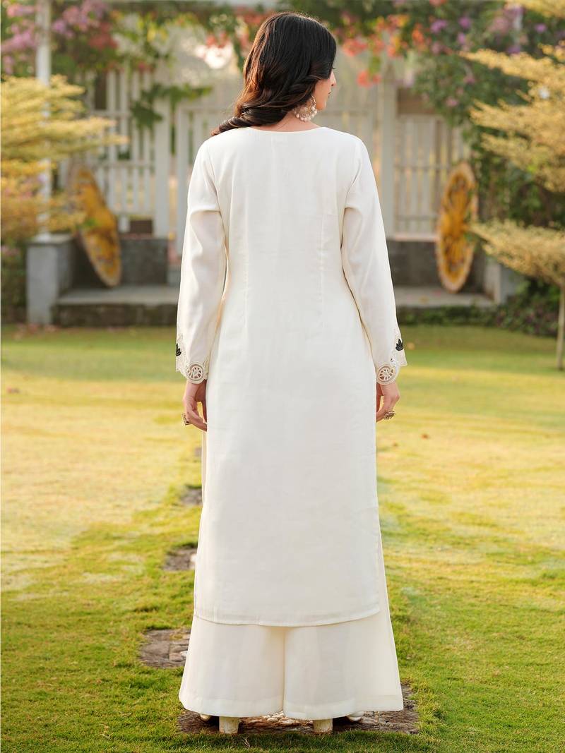 Cream embroidered art silk straight cut kurta