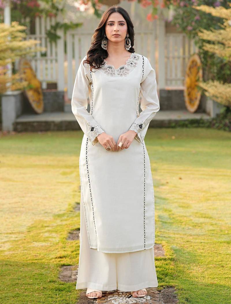 Cream embroidered art silk straight cut kurta