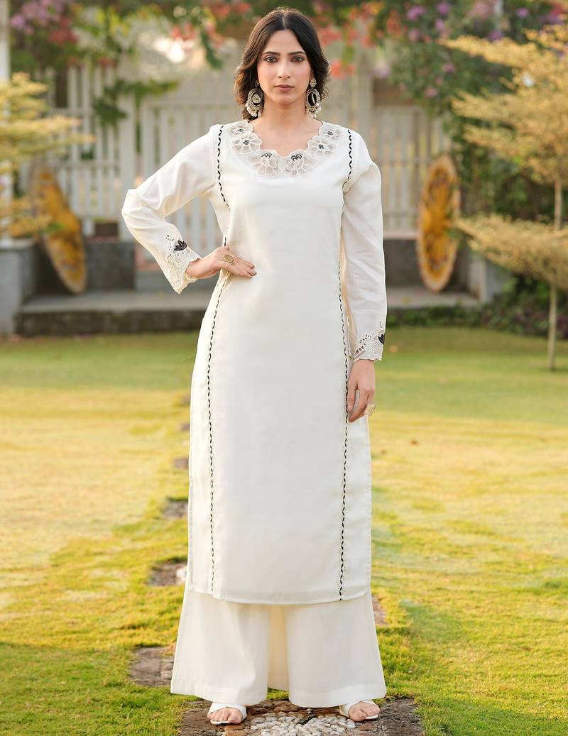 Cream embroidered art silk straight cut kurta