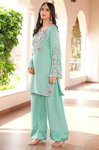 Light-green hand embroidery modal satin straight cut kurta