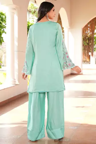 Light-green hand embroidery modal satin straight cut kurta