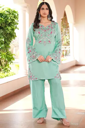 Light-green hand embroidery modal satin straight cut kurta
