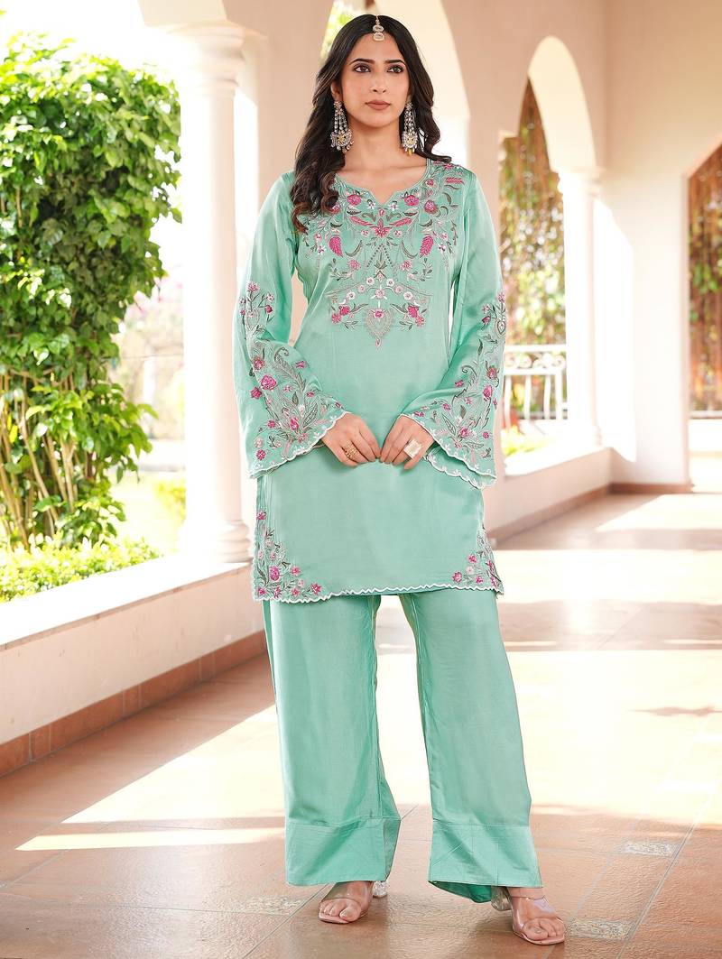 Light-green hand embroidery modal satin straight cut kurta