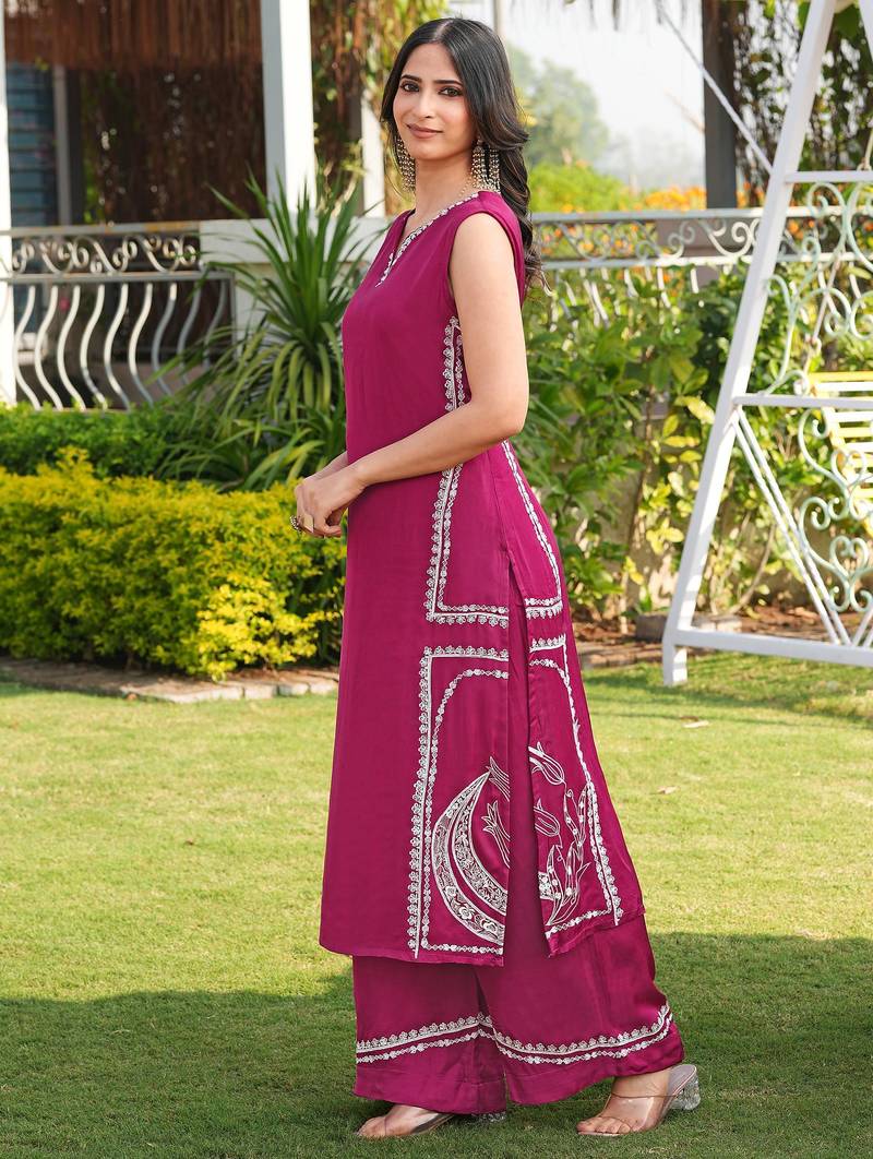 Pink hand embroidery modal satin straight cut kurta