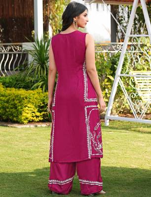 Pink hand embroidery modal satin straight cut kurta 4