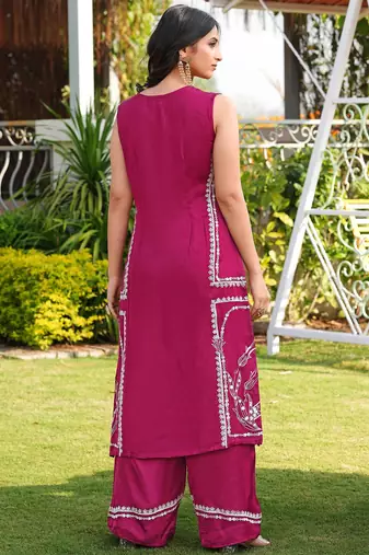 Pink hand embroidery modal satin straight cut kurta