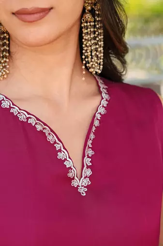 Pink hand embroidery modal satin straight cut kurta