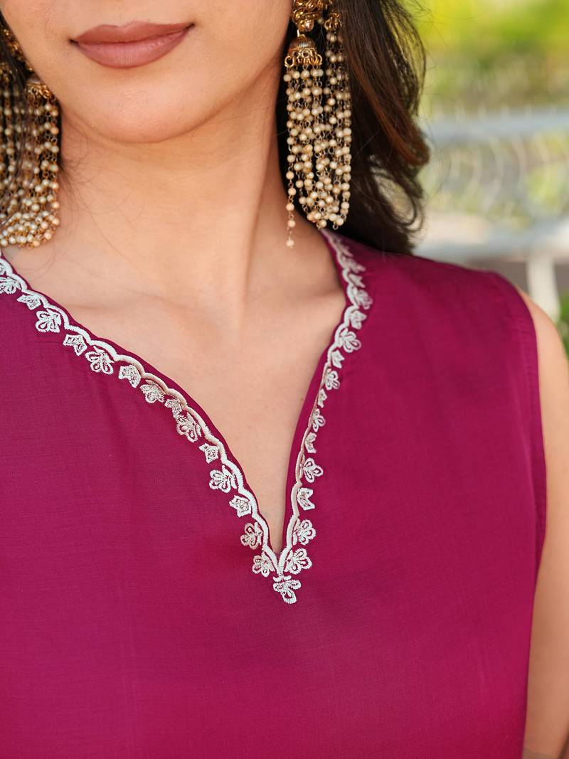 Pink hand embroidery modal satin straight cut kurta