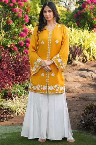 Yellow hand embroidery modal satin straight cut kurta