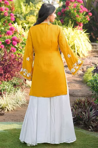 Yellow hand embroidery modal satin straight cut kurta