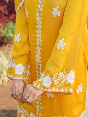 Yellow hand embroidery modal satin straight cut kurta 5
