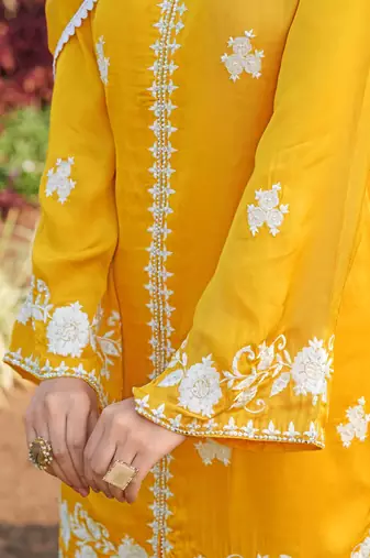 Yellow hand embroidery modal satin straight cut kurta