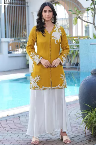 Dark-yellow hand embroidery modal satin straight cut kurta