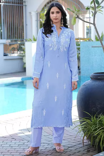 Light-purple embroidered modal satin straight cut kurta
