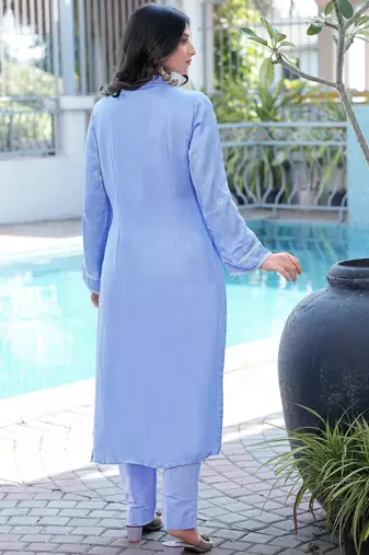 Light-purple embroidered modal satin straight cut kurta